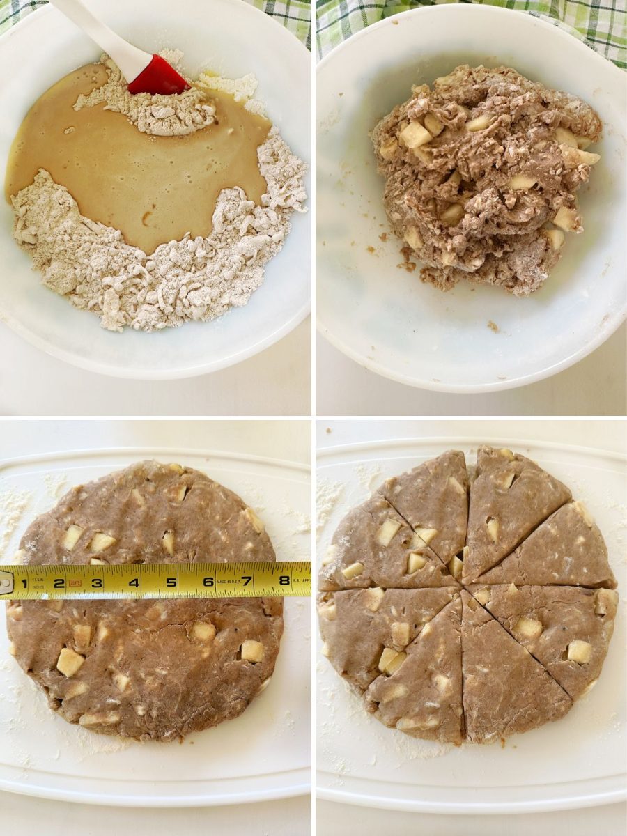 A four-panel image showing the steps for forming the scone dough. The top left shows the wet ingredients being poured into the dry ingredients. The top right shows the dough being mixed into a shaggy ball. The bottom left shows the dough shaped into an eight-inch circle on a cutting board, with a tape measure next to it for scale. The bottom right shows the dough cut into eight triangular wedges.