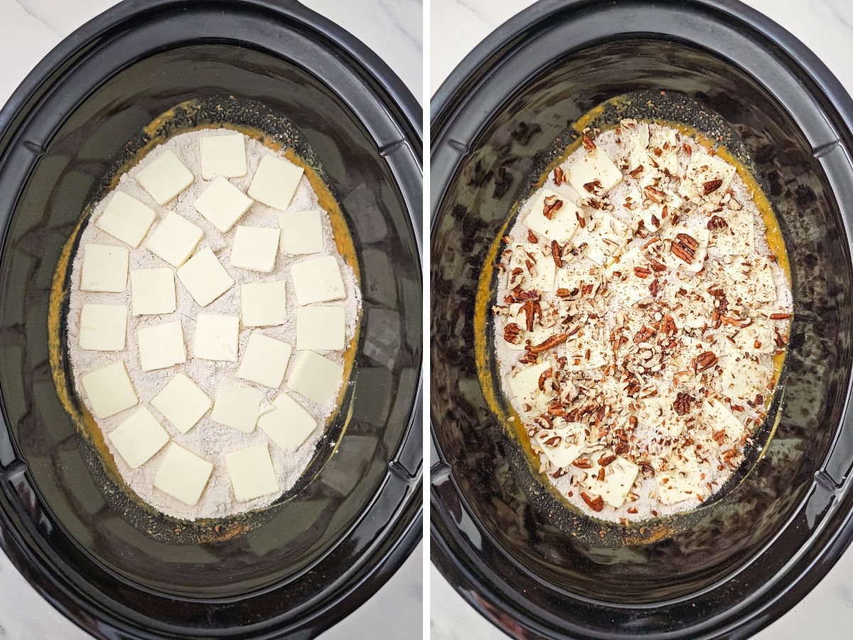 A two-panel photo showing the final layering steps: 1. The dry spice cake mix layer is topped with small, evenly placed pads of cold butter. 2. Chopped pecans are sprinkled over the butter and dry mix, ready for cooking.