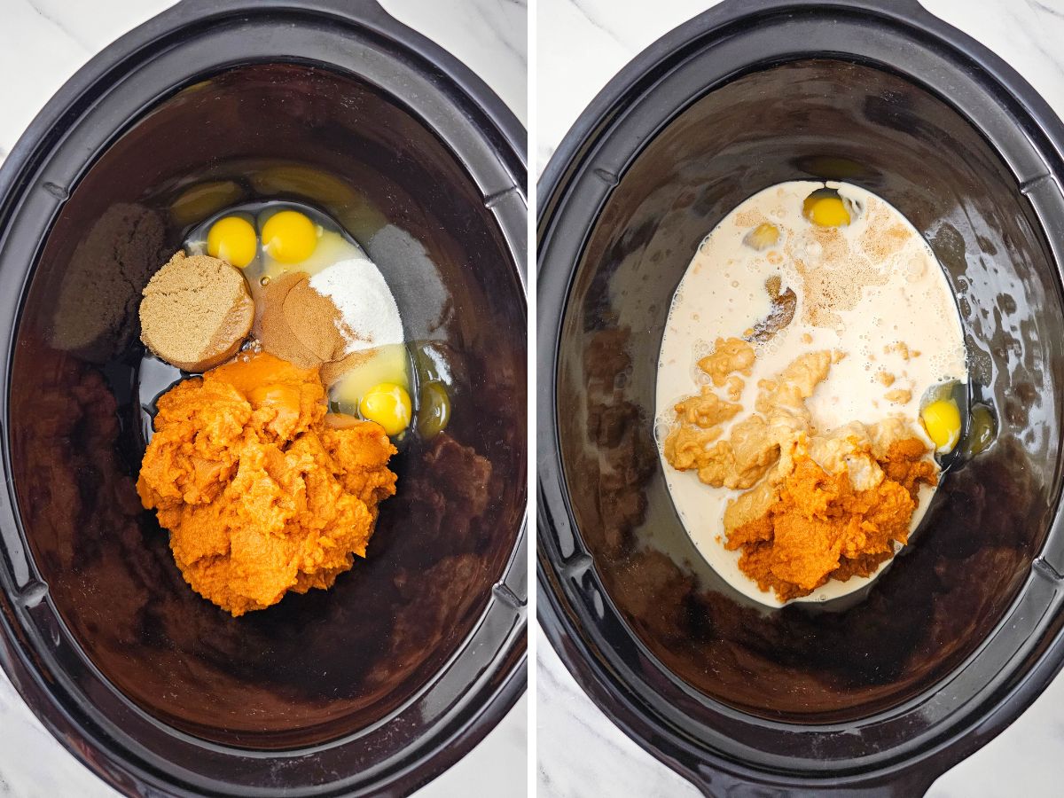 A two-panel photo showing the first step of the recipe: 1. The ingredients (pumpkin, eggs, evaporated milk, and sugars) are added directly to the black slow cooker insert. 2. The wet ingredients are mixed together to form a smooth, orange pumpkin custard.