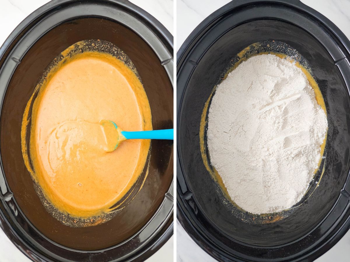 A two-panel photo showing the preparation sequence: 1. The mixed, smooth pumpkin custard in the slow cooker insert. 2. The dry cake mix is sprinkled evenly over the top of the wet pumpkin mixture.