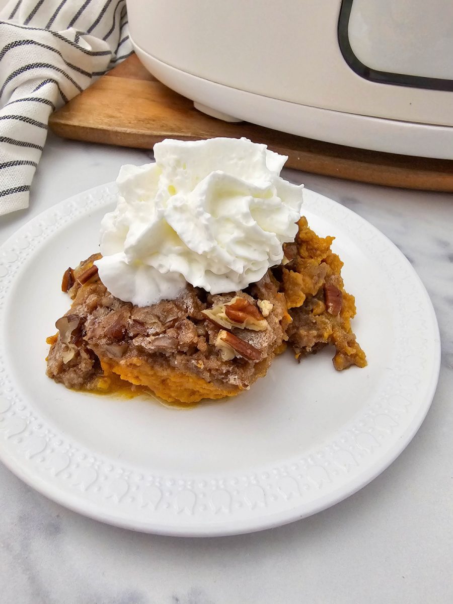 A side view of a serving of warm slow cooker pumpkin cake on a white, textured plate, topped with a generous dollop of whipped cream and visible pecans and spice crumble. A white slow cooker is visible in the background.
