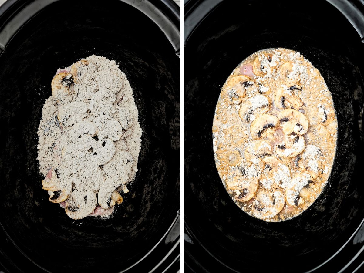 A two-panel step-by-step image. On the left: brown gravy mix powder is sprinkled directly over the pork chops and mushrooms. On the right: water has been poured in, mixing with the gravy powder.