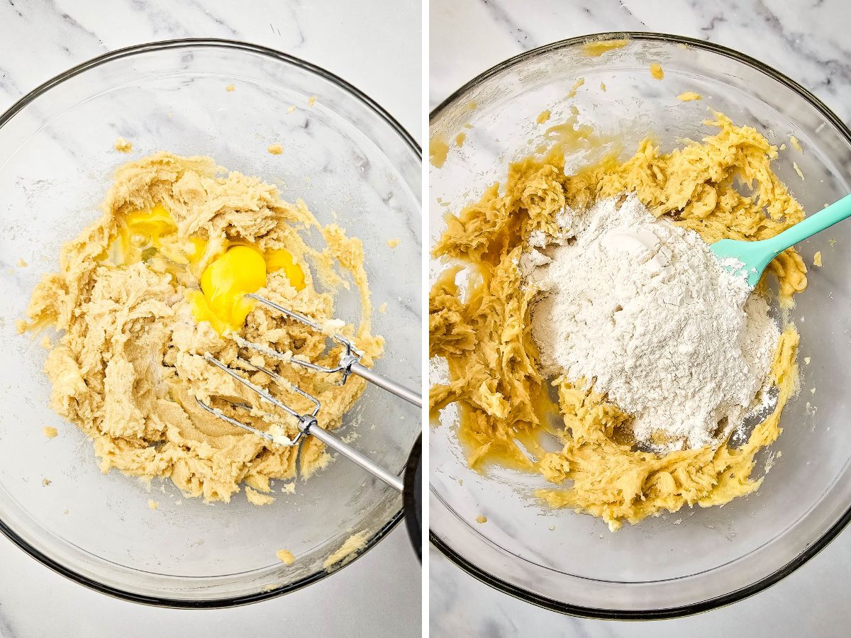 Two-part image demonstrating the mixing of Peppermint Crunch Cookies dough: adding the egg to the creamed mixture, followed by gradually incorporating the flour.