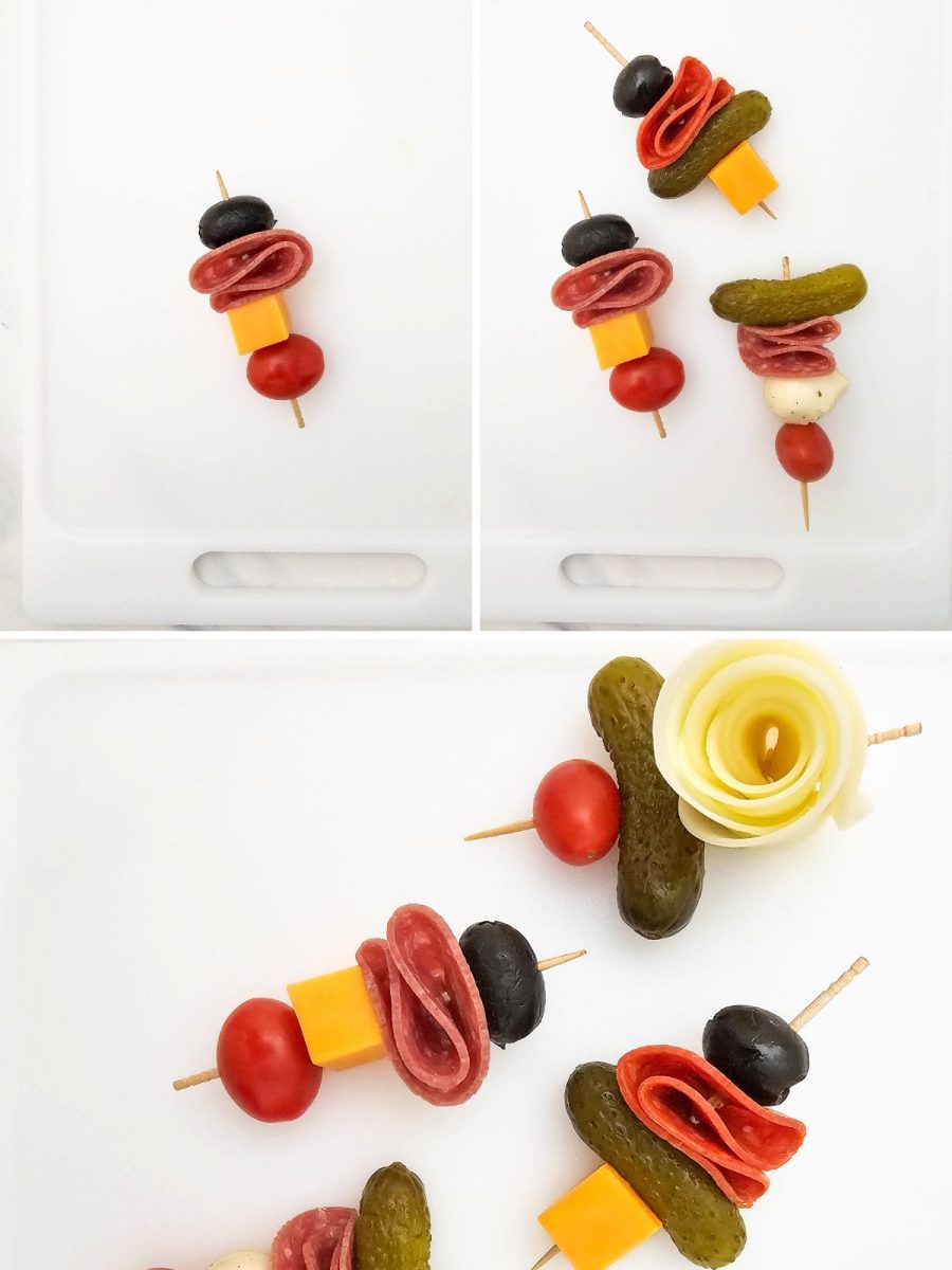 A collage illustrating various stages of assembling the meat and cheese skewers, including combinations of salami, pepperoni, olives, gherkins, tomatoes, and cheddar, with one skewer featuring a provolone cheese rose.