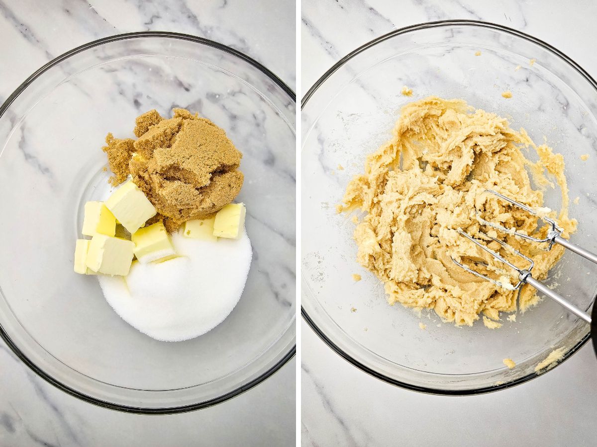 Image showing the initial creaming process for Peppermint Crunch Cookies dough: softened butter, brown sugar, and white sugar before and after mixing with a hand mixer.