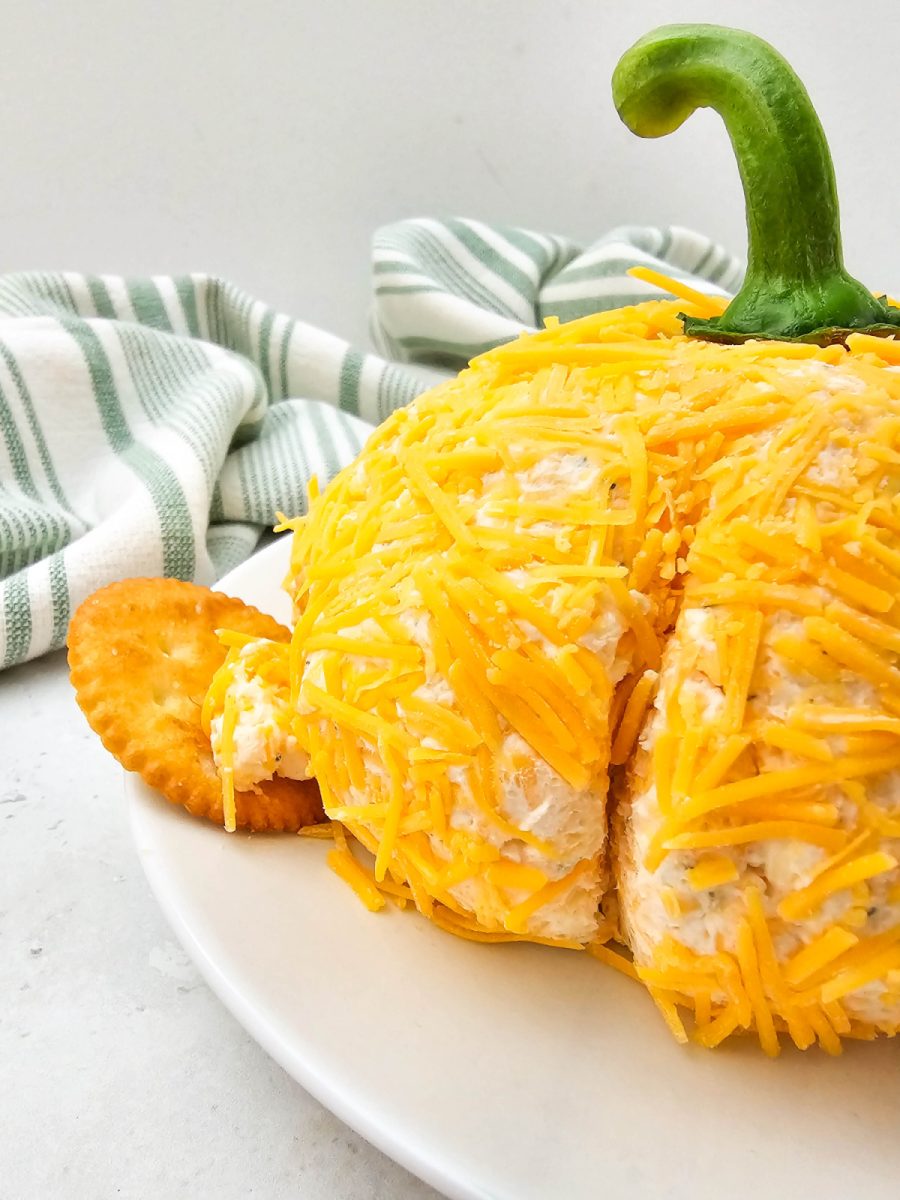A close-up, angled view of the finished Pumpkin Cheese Ball on a white plate. It is coated in shredded orange cheddar cheese with distinct vertical grooves and topped with a bright green bell pepper stem.