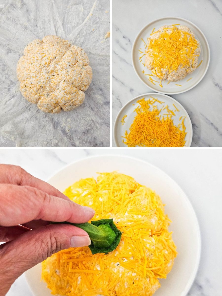 A three-panel collage showing the final stages of preparing a pumpkin cheese ball. Top left shows the cheese ball wrapped in plastic, with string indentations forming a pumpkin shape. Top right shows two plates, one with the unwrapped cheese ball and a pile of shredded cheddar, the other with just shredded cheddar. Bottom image shows a hand pressing a green bell pepper stem into the top of the finished, ball.