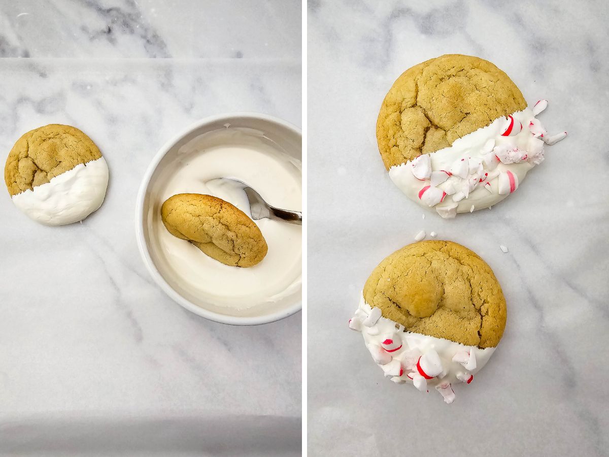 Two-part image demonstrating the final steps for Peppermint Crunch Cookies: dipping them into melted white chocolate and then sprinkling with crushed peppermint candy.