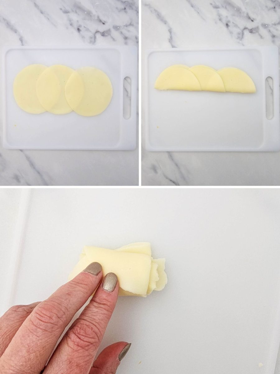A step-by-step collage showing how to make the provolone cheese roses: 1. Three overlapping slices, 2. Slices folded in half, 3. A finger gently rolling the folded cheese into a rose shape.