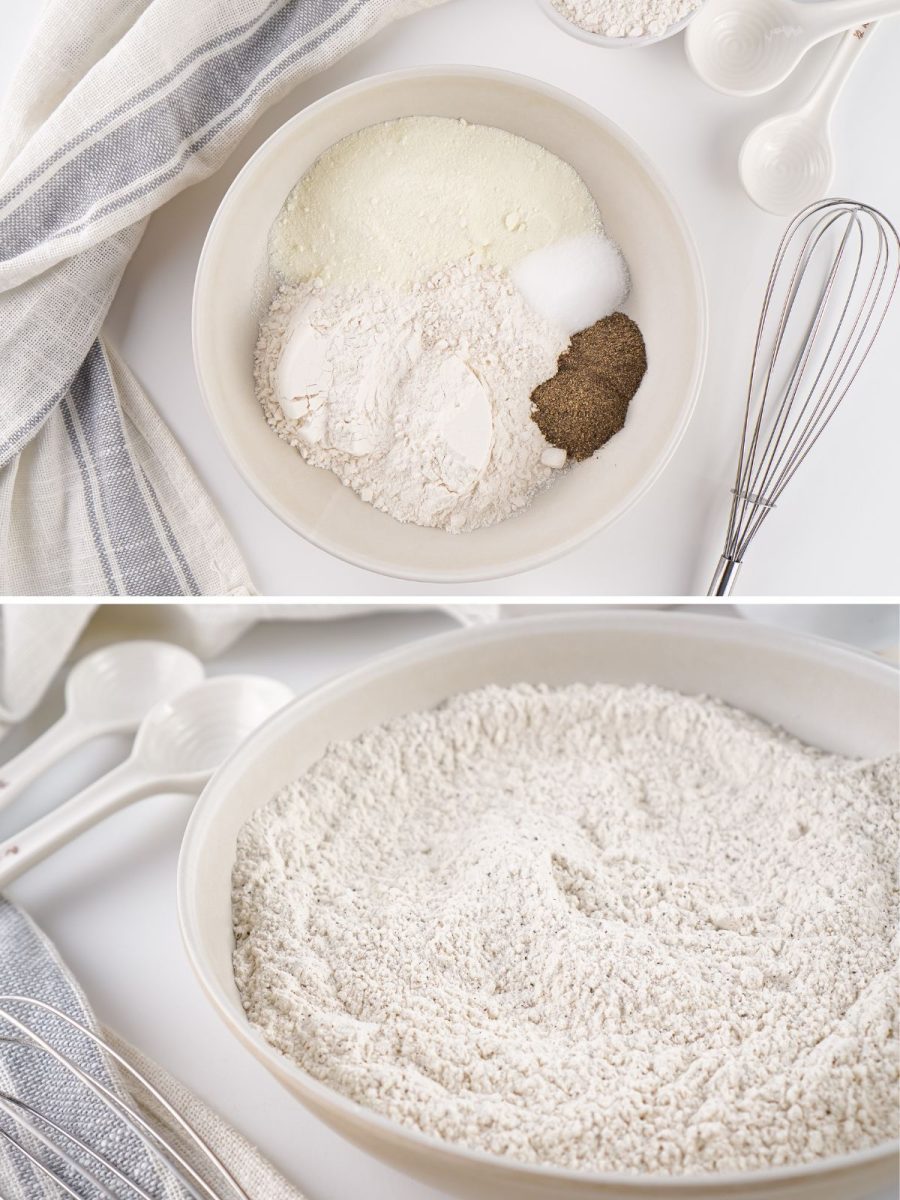 Split image showing the four dry ingredients (flour, dry milk, salt, and pepper) layered separately in a white mixing bowl (top) and the thoroughly mixed, ready-to-use dry gravy mix filling the bowl (bottom).