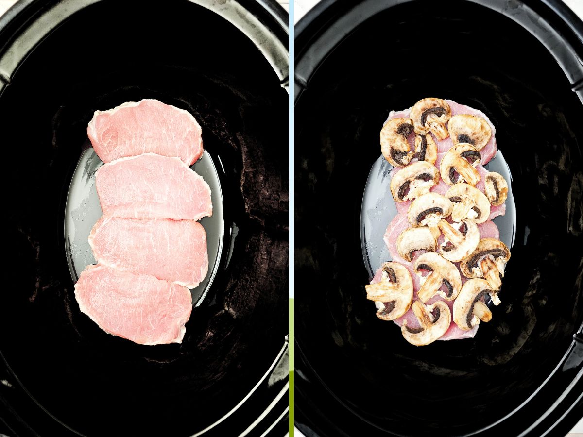 A two-panel step-by-step image. On the left: four raw boneless pork chops placed in the bottom of a black slow cooker. On the right: sliced mushrooms layered on top of the pork chops.