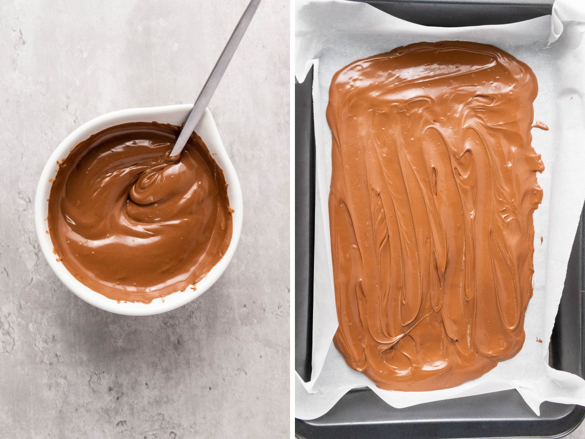 A split image showing: on the left, melted milk chocolate in a white bowl with a spoon; on the right, the melted chocolate spread evenly on a baking sheet lined with parchment paper.