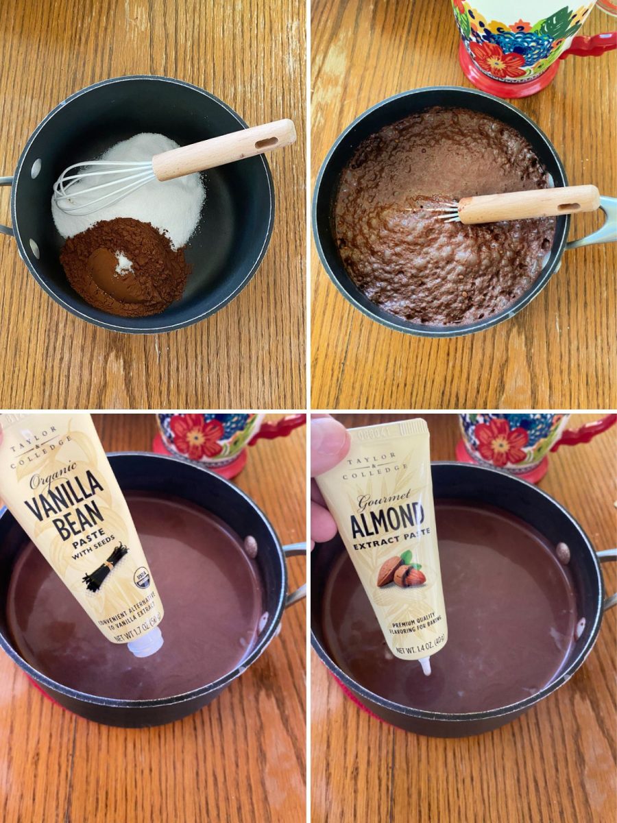 Photo collage showing the four steps to make homemade hot cocoa: mixing dry ingredients, dissolving mixture, adding vanilla bean paste, and adding almond extract paste.