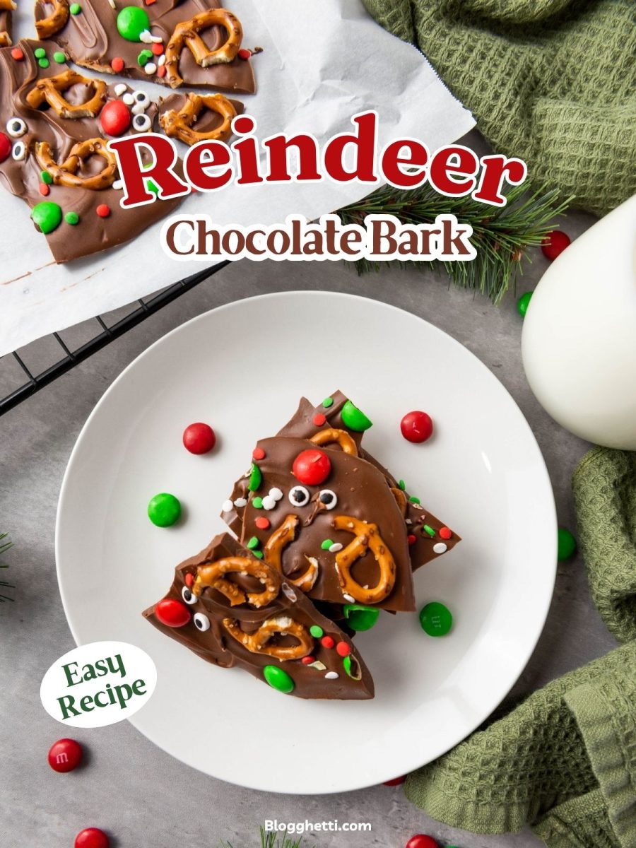 A vertical image of Reindeer Chocolate Bark on a plate featuring text overlay that reads "Reindeer Chocolate Bark Easy Recipe."
