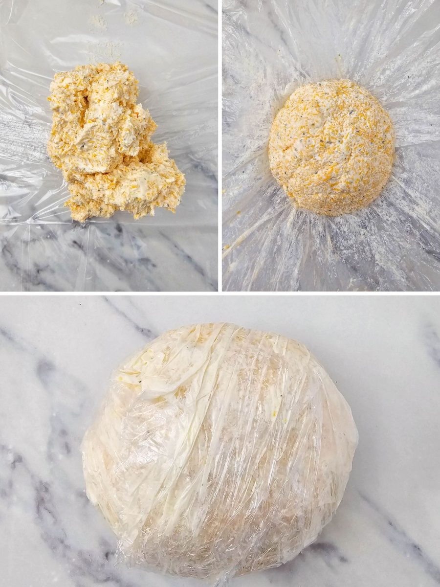 A three-panel collage showing the cheese ball shaping process. Top left shows the mixed cheese ingredients mounded onto a sheet of plastic wrap. Top right shows the mixture formed into a smooth, round ball on the plastic wrap. Bottom image shows the cheese ball fully wrapped tightly in plastic wrap, ready for chilling.