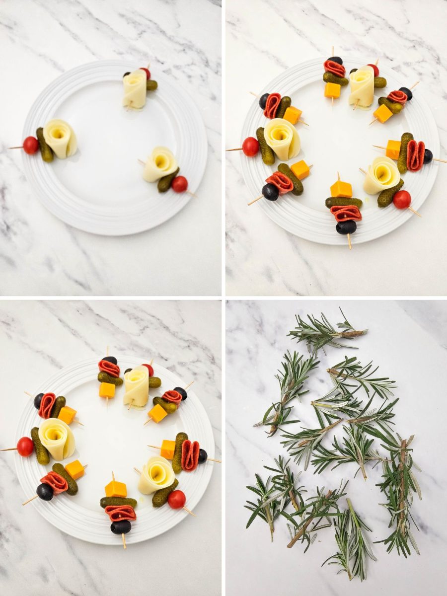 A step-by-step collage demonstrating the assembly of the charcuterie wreath: 1. Placing the three provolone roses as anchors, 2. Adding the first layer of skewers, 3. Filling in the circle with all skewers, 4. Fresh rosemary broken into pieces for the final garnish.