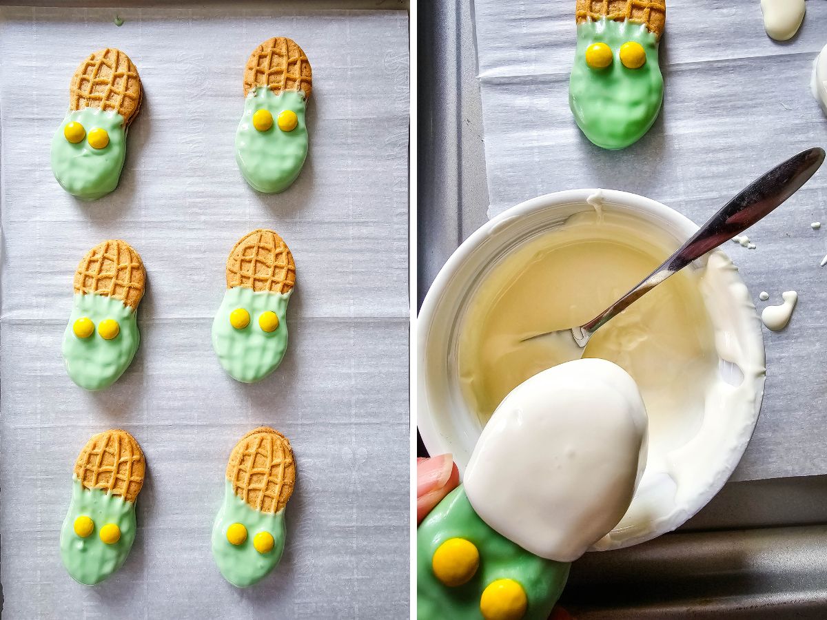 A step-by-step image split showing six green-dipped cookies with yellow M&M eyes on a tray (left) and a hand dipping the uncoated end of a cookie into melted white candy melts (right).