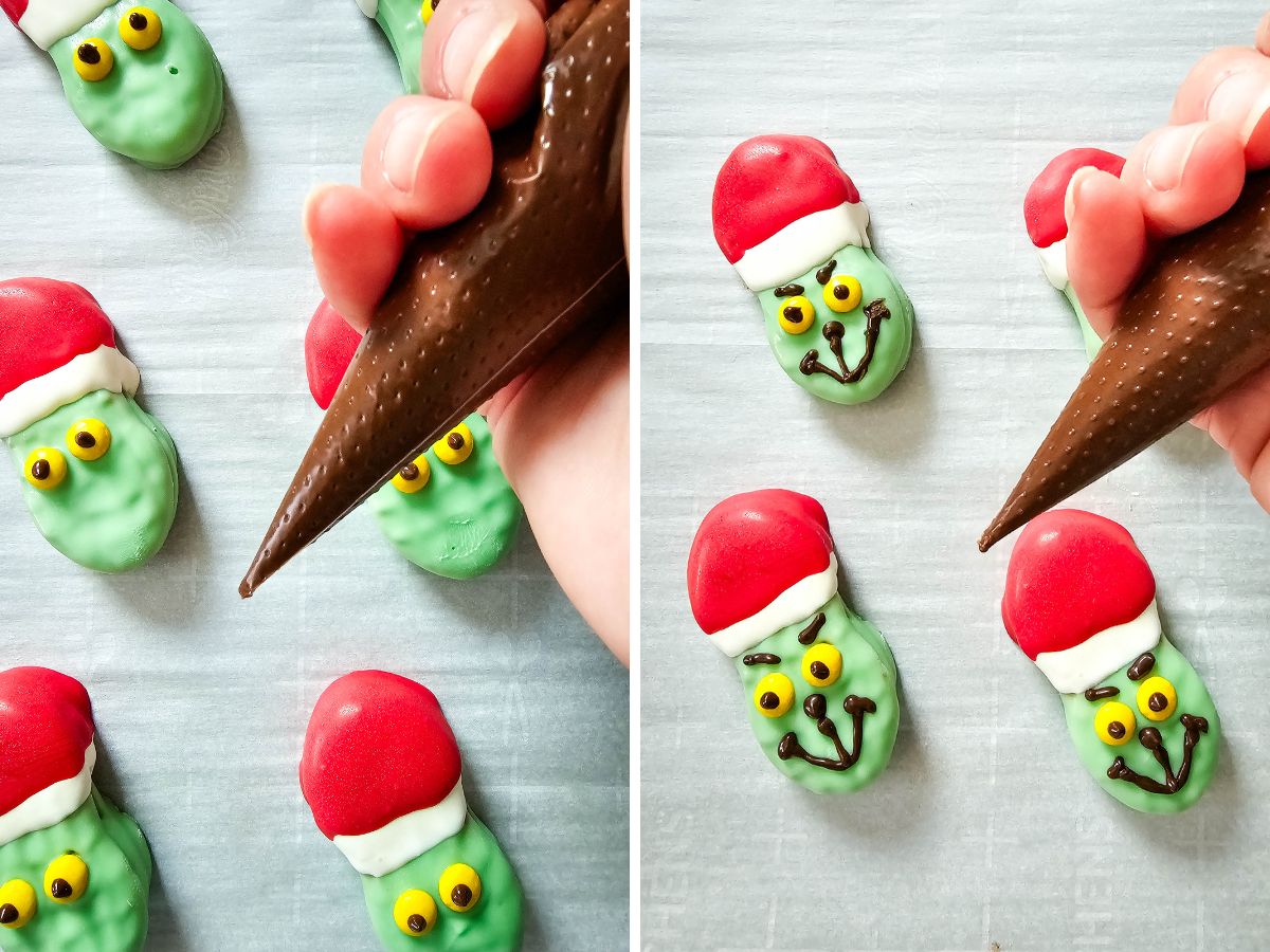 A step-by-step image split showing hands piping dark chocolate onto green-dipped Nutter Butter cookies to draw the Grinch's facial features on a light background.