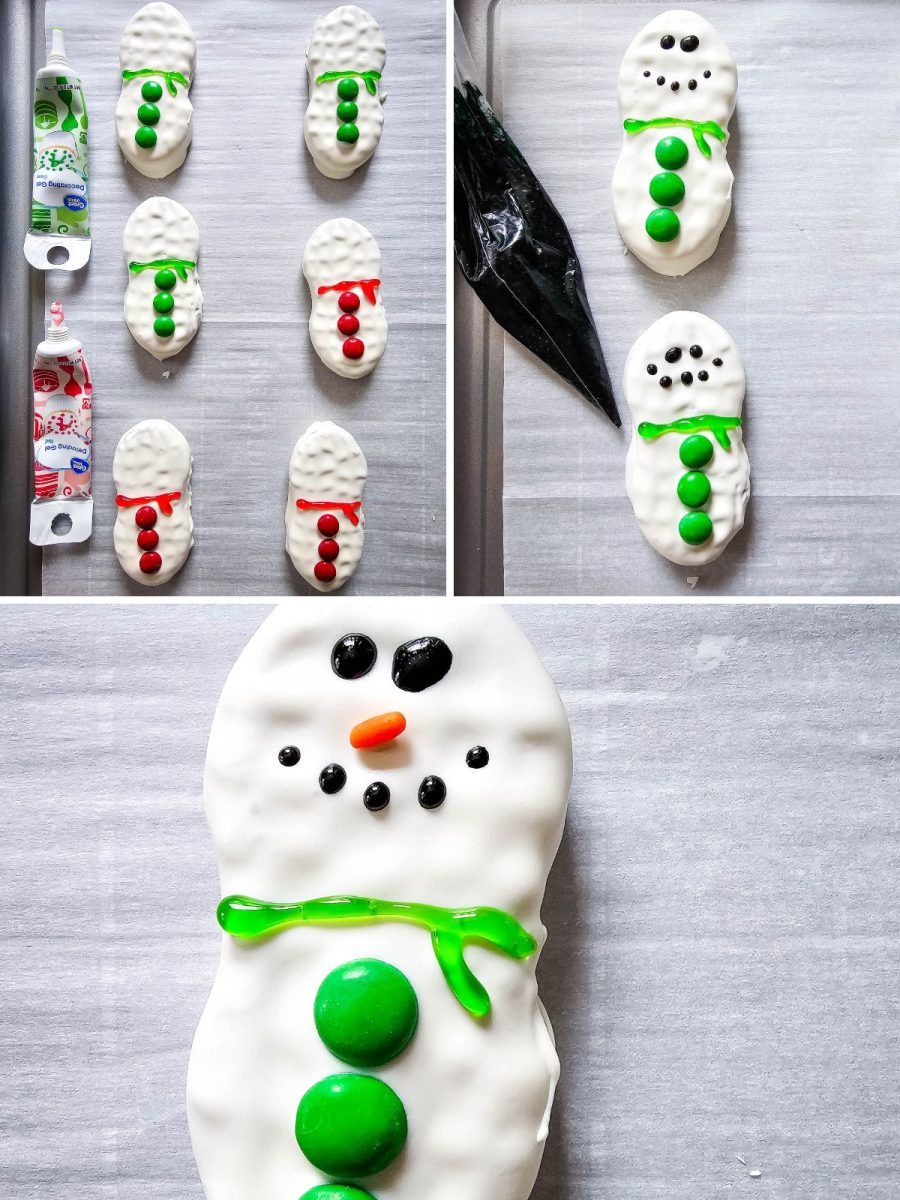 Three-panel image collage showing the cookie decorating process: the top left shows six finished and set cookies ready for piping; the top right shows black icing being piped for eyes and mouths; and the bottom is a close-up of a finished face with eyes, mouth, nose, and green scarf.