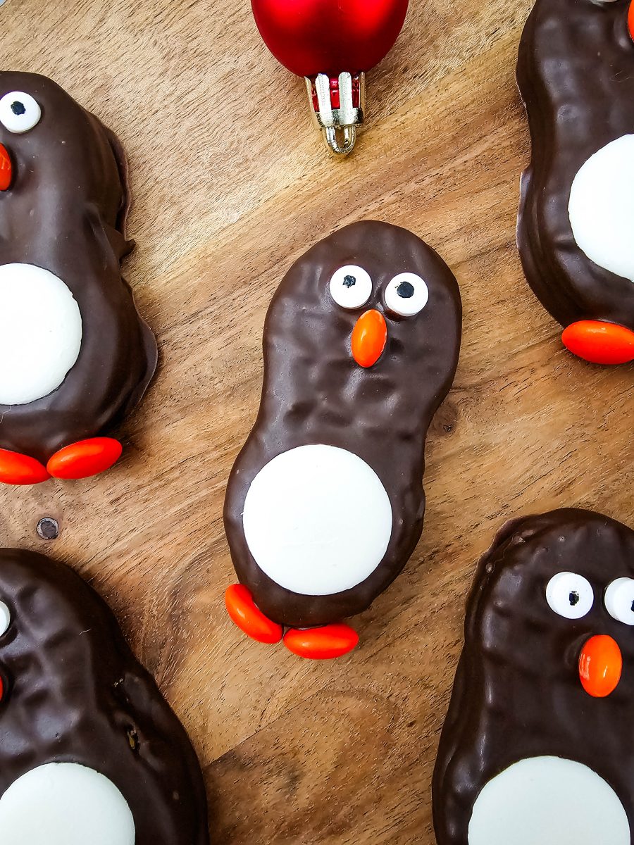 Close-up overhead shot of several finished chocolate treats, designed to look like winter birds, resting on a wooden board next to a red ornament.