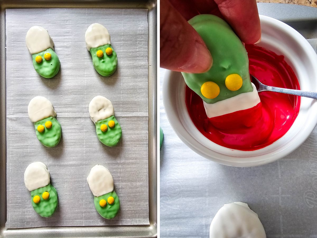 A step-by-step image split showing partially-finished cookies with green face and white hat trim on a tray (left) and a hand dipping a cookie into bright red melted candy melts (right).