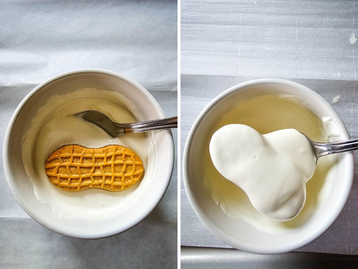 Two-panel process image showing the step of dipping the cookie: the left side shows a Nutter Butter cookie lying in a bowl of melted white candy melts, and the right side shows the cookie fully coated and being lifted out on a spoon.
