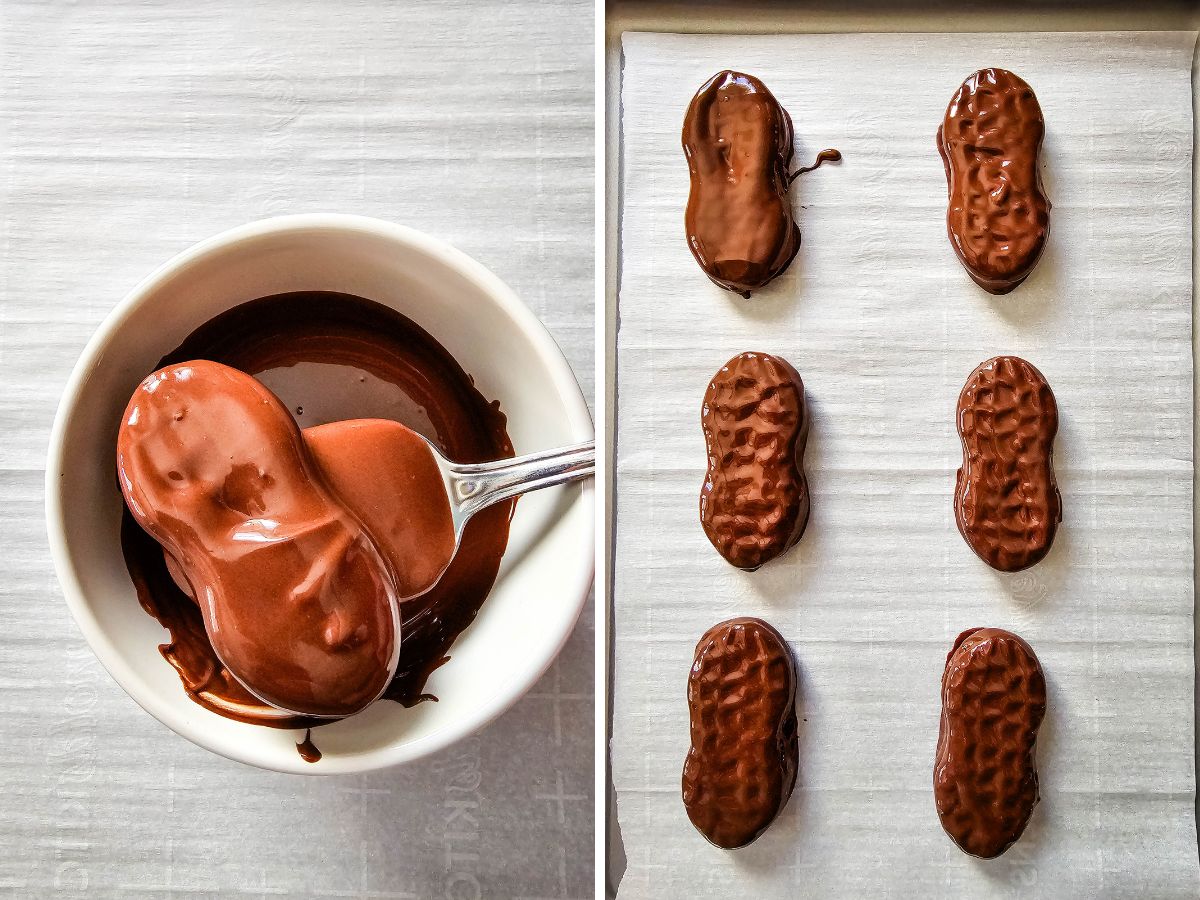 A two-panel photo showing a peanut butter sandwich cookie being dipped into a bowl of melted dark chocolate, and the finished chocolate-coated cookies resting on parchment paper on a tray.