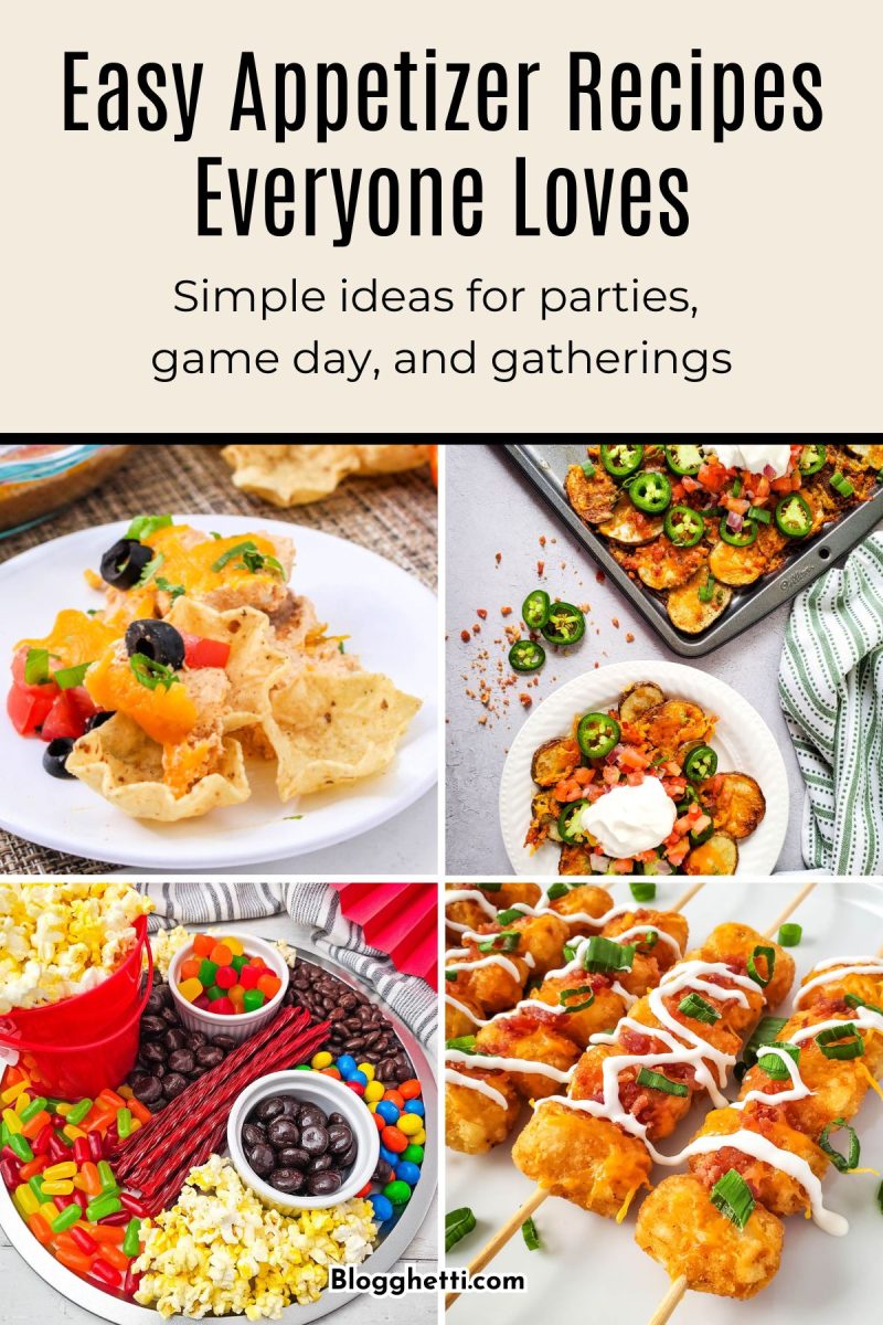 A four-panel collage of popular finger foods. It includes crunchy taco salad cups with melted cheese, a sheet pan of crispy potato skin nachos with jalapeños, a movie-themed candy and popcorn snack platter, and golden tater tot kabobs topped with bacon bits and a creamy drizzle.