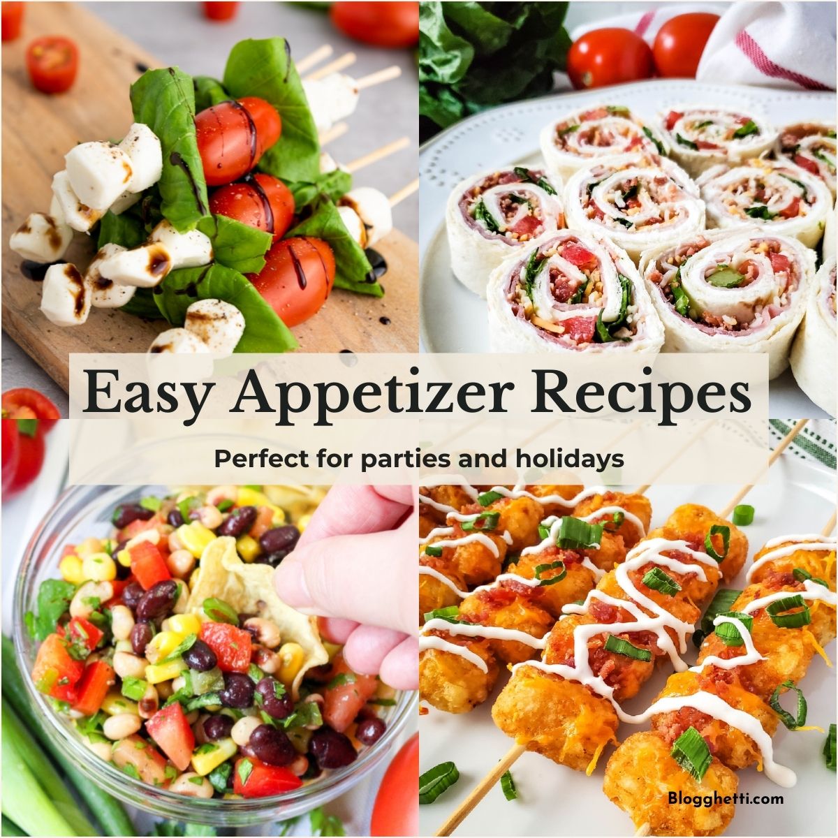A social media graphic on a light yellow background showcasing three popular appetizers. The top image features bacon-wrapped jalapeño poppers filled with cheese and garnished with green onions. The middle image shows Caprese skewers with fresh mozzarella pearls, tomatoes, and basil leaves drizzled with balsamic glaze. The bottom image displays tater tot skewers topped with melted cheese, bacon bits, and a creamy white drizzle.