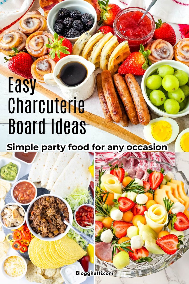 A collage of three different snack board styles. The top image is a breakfast board with mini cinnamon rolls, waffles, sausage links, boiled eggs, and fresh berries. The bottom left shows a DIY taco bar with ground beef, tortillas, salsa, guacamole, and shredded cheese. The bottom right features a refreshing fruit and cheese salad with melon, strawberries, and fresh mozzarella pearls.