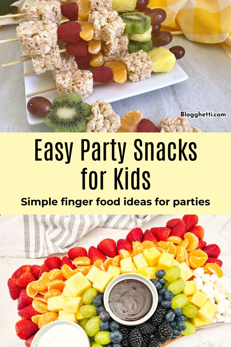 Two kid-friendly snack ideas displayed together. The top section shows fruit skewers made with grapes, kiwi, pineapple, raspberries, and Rice Krispie treat squares. The bottom section features a vibrant fruit platter arranged in a rainbow pattern around bowls of chocolate and fruit dip, including strawberries, oranges, pineapple, grapes, and blackberries.