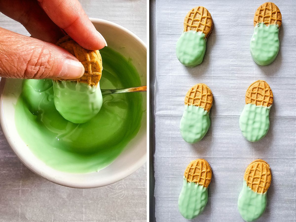 A step-by-step image split showing a hand dipping a Nutter Butter into light green melted candy (left) and six cookies with the green coating set on a parchment-lined tray (right).