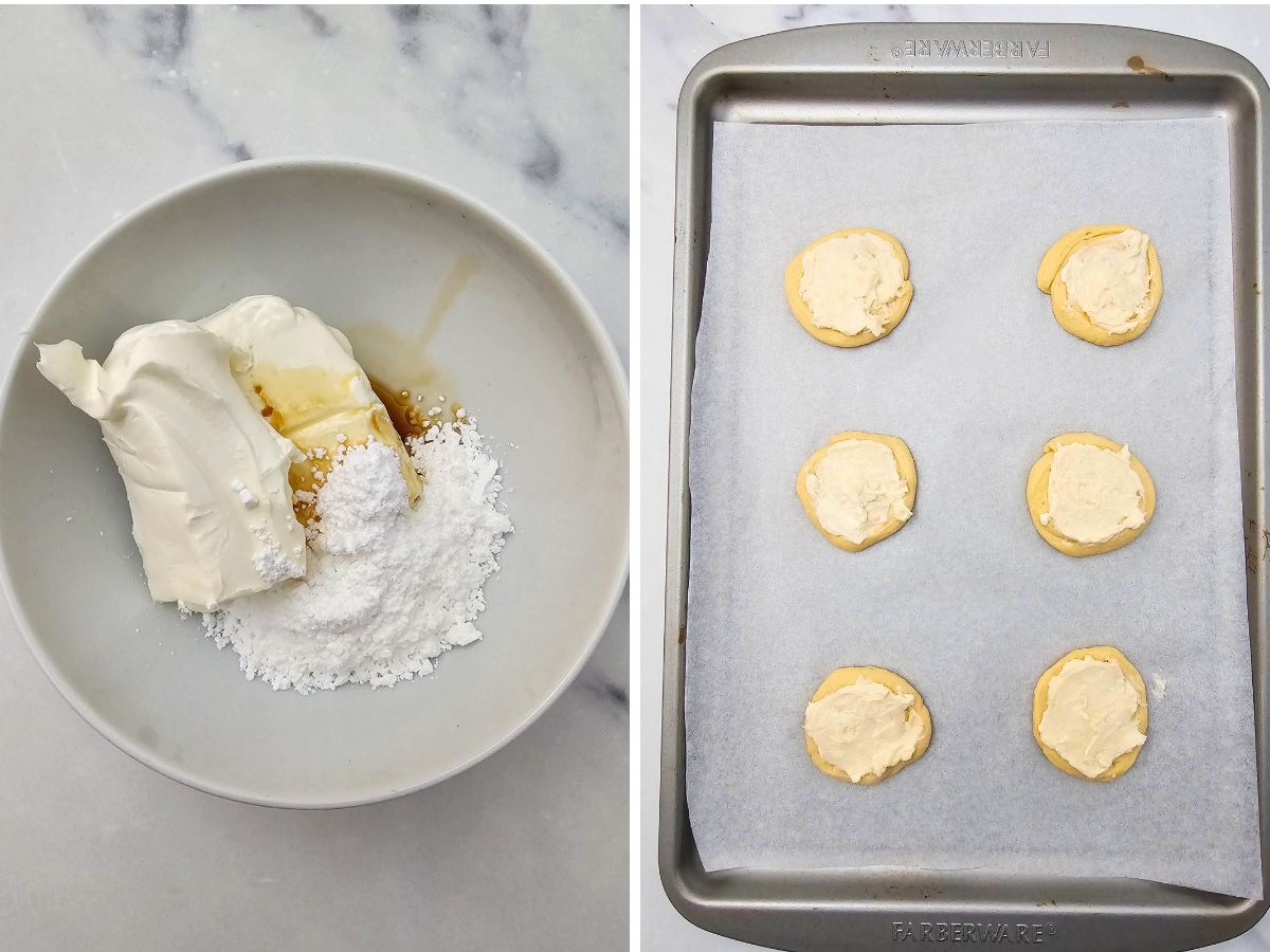 Split image: Left shows cream cheese, powdered sugar, and vanilla extract in a mixing bowl; Right shows the mixed cream cheese filling spread on top of the crescent dough rounds on a baking sheet.