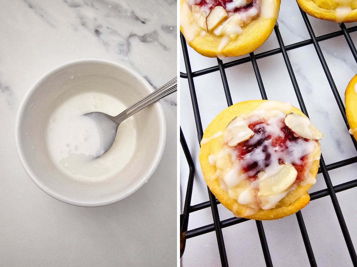 Split image: Left shows a small white bowl with a spoon mixing thin white glaze; Right shows a baked cookie with raspberry jam and almonds being drizzled with glaze on a black cooling rack.
