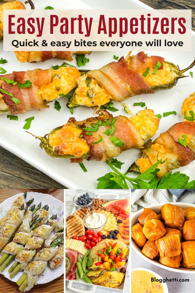 A collage featuring four different party snacks. The main image shows bacon-wrapped jalapeño poppers stuffed with melted cheese and topped with fresh parsley. The bottom row includes puff pastry-wrapped asparagus spears, a colorful fruit and veggie charcuterie board with dip, and a bowl of golden-brown soft pretzel bites with a side of cheese sauce.