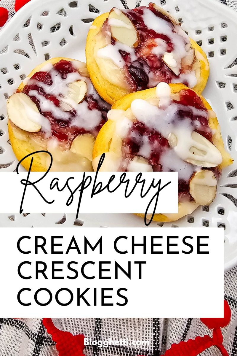 A vertical image of three glazed raspberry crescent cookies with a text overlay that reads: Raspberry Cream Cheese Crescent Cookies. (Pin image)