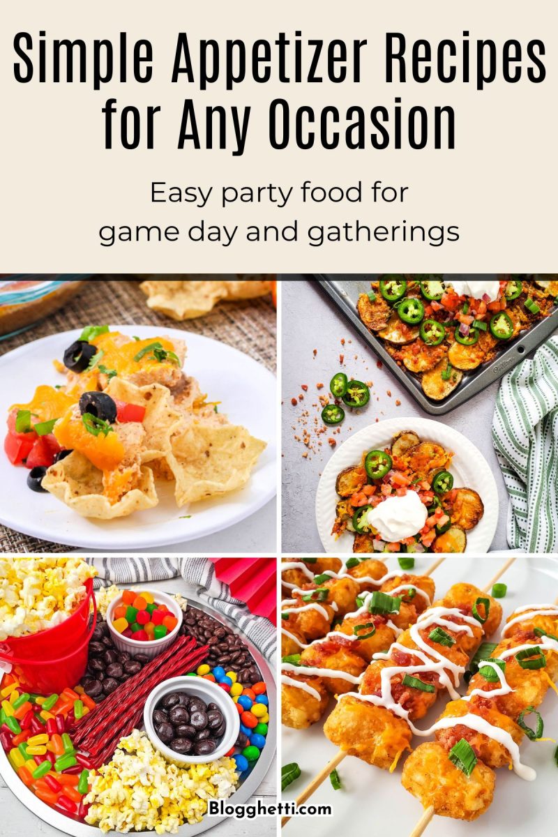 A grid of four easy party food ideas. Top left shows cheesy taco scoops with black olives and tomatoes. Top right displays a tray of loaded potato nachos with jalapeños and sour cream. Bottom left features a movie-night snack tray filled with popcorn and colorful candies. Bottom right shows tater tot skewers drizzled with white sauce and sprinkled with green onions.