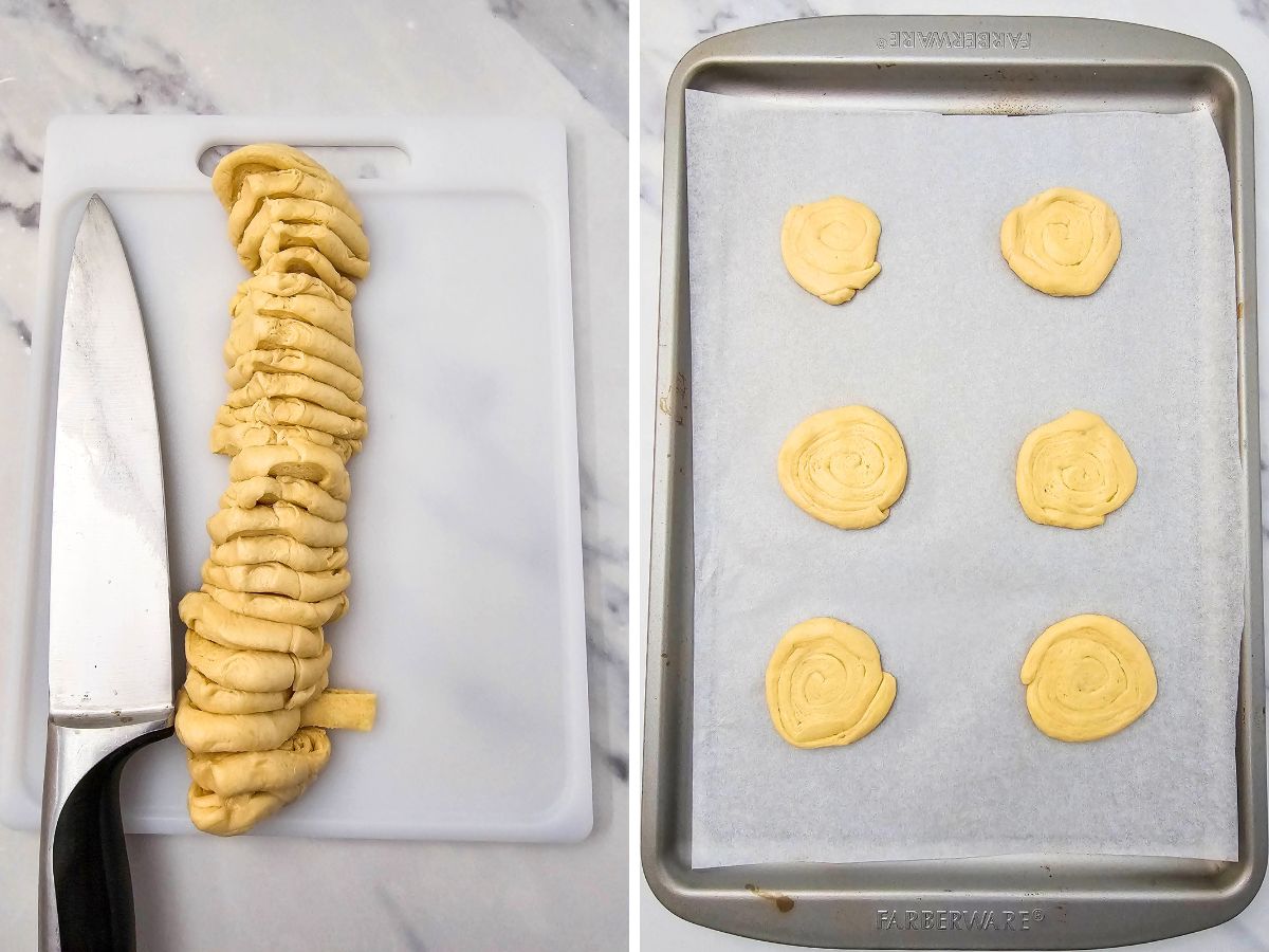 Split image: Left shows a crescent roll dough log being sliced into rounds on a white cutting board next to a knife; Right shows the sliced dough rounds placed on a parchment-lined baking sheet.