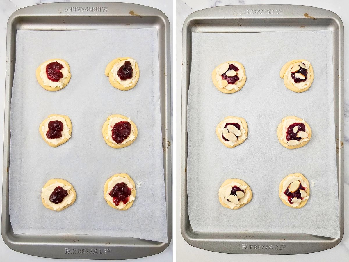Split image: Left shows rounds of dough on a baking sheet with the cream cheese and jam added; Right shows the same cookies with the sliced almonds sprinkled on top before baking.