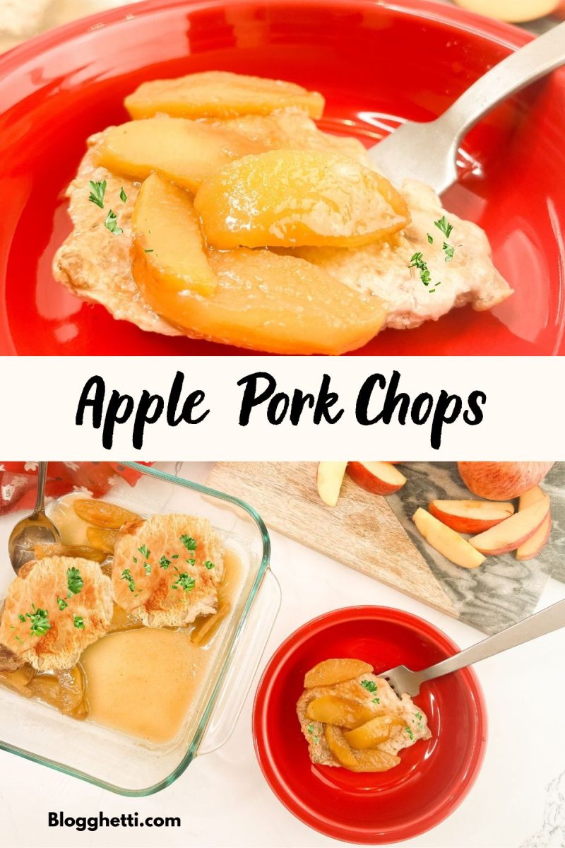 A vertical graphic designed for social media. The top and bottom sections show photos of the finished pork and apples in a red bowl.