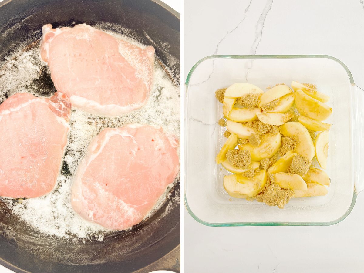 A split-screen process image. The left side shows three pink pork chops searing in a dark cast-iron skillet with melting butter. The right side shows a glass baking dish filled with raw apple wedges tossed with clumps of light brown sugar.