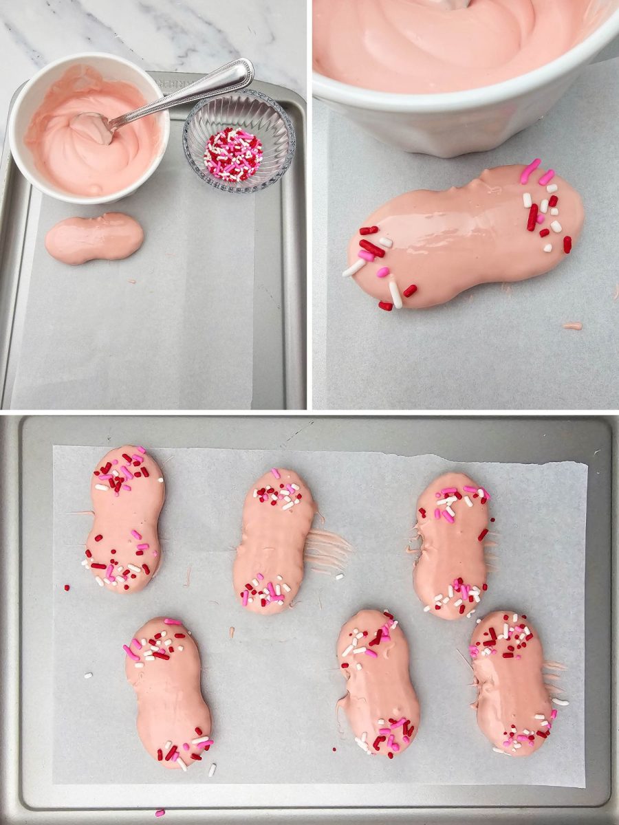 A three-panel collage showing a Nutter Butter cookie being dipped in pink candy melts and topped with sprinkles to create the love bug wings.
