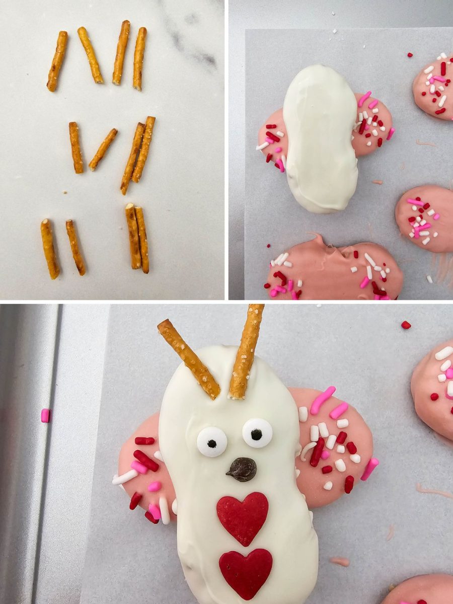A three-panel process collage showing broken pretzel sticks, a white-coated cookie being placed on pink wings, and the final facial details being added.