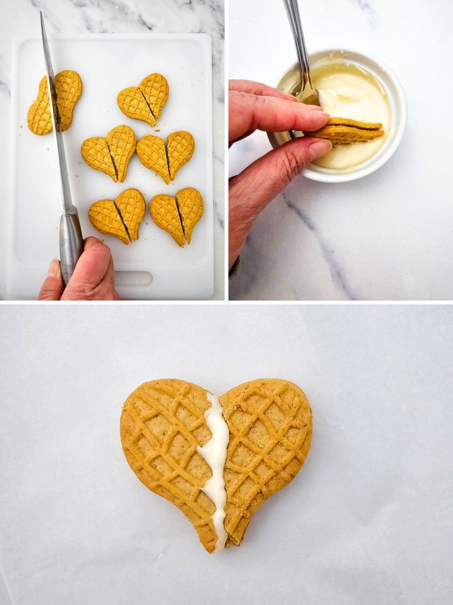 A three-part process image showing how to assemble the treats: the top-left shows a knife cutting the peanut-shaped cookies at an angle; the top-right shows a cookie half being dipped into melted white chocolate; the bottom image shows two halves joined together with white chocolate to form a heart shape.