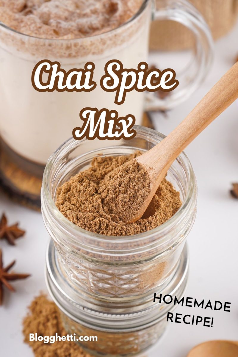 A social media style image showing a jar of warm beverage spices and a frothy drink with a decorative text title for a homemade recipe.