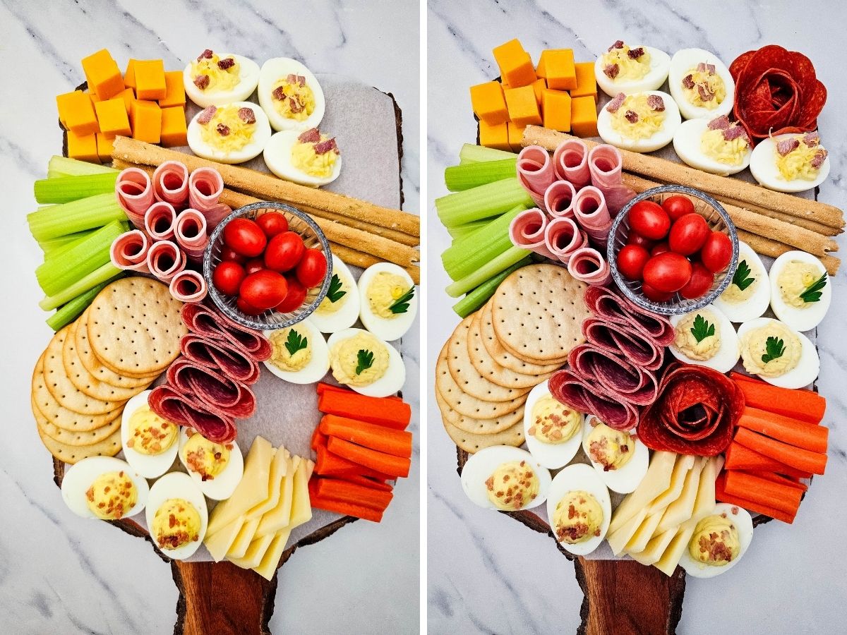 A side-by-side comparison showing the final stages of assembly with added celery sticks, pepperoni roses, and the remaining stuffed egg varieties.