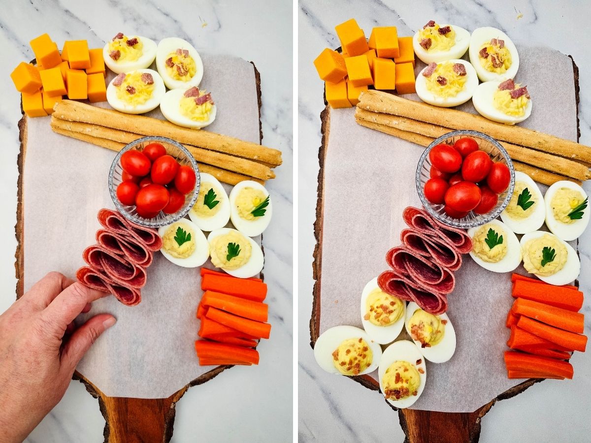 A step-by-step view of a hand adding fanned salami and cheddar cheese cubes to a partially assembled appetizer platter.