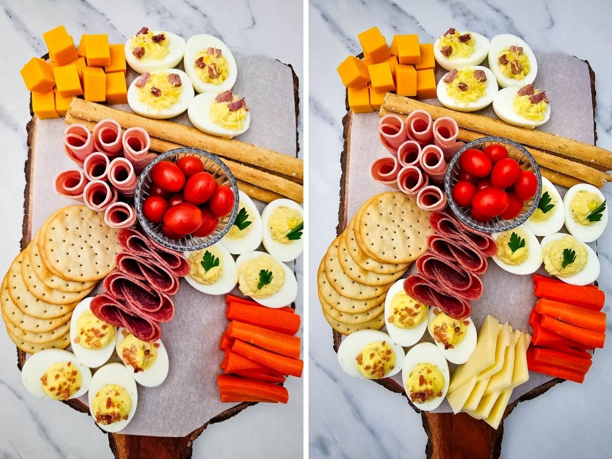 A progress photo showing the addition of round crackers and sliced asiago cheese to the deviled egg charcuterie board.
