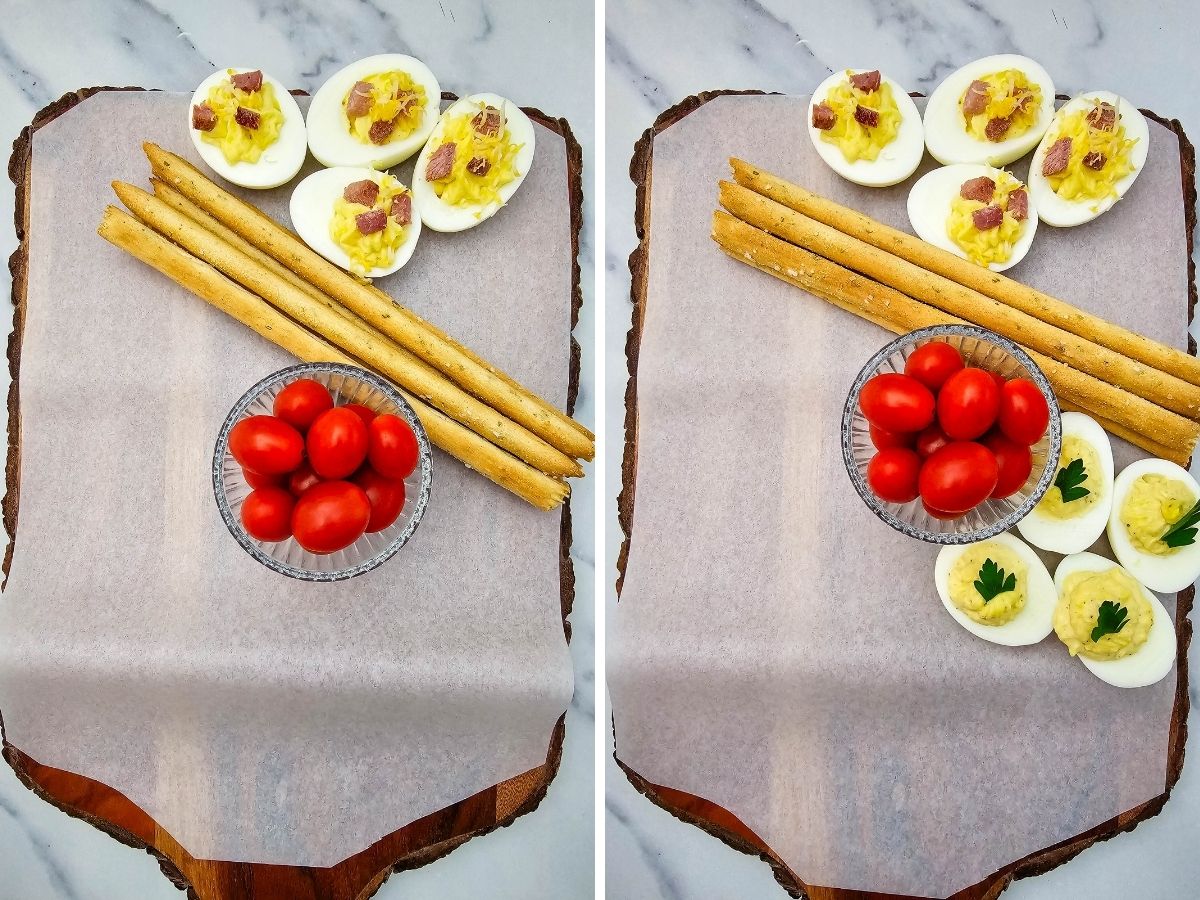 A two-part process shot showing the initial placement of breadsticks, a bowl of grape tomatoes, and several deviled egg halves on a parchment-lined board.