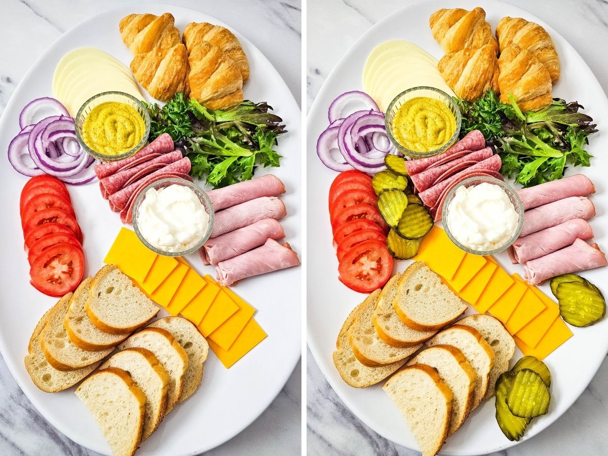 A final assembly split-screen showing the last additions to the cold cut platter. Red onion rings are tucked into the corner, and crinkle-cut dill pickles are scattered throughout the tray to fill empty spaces and add color.